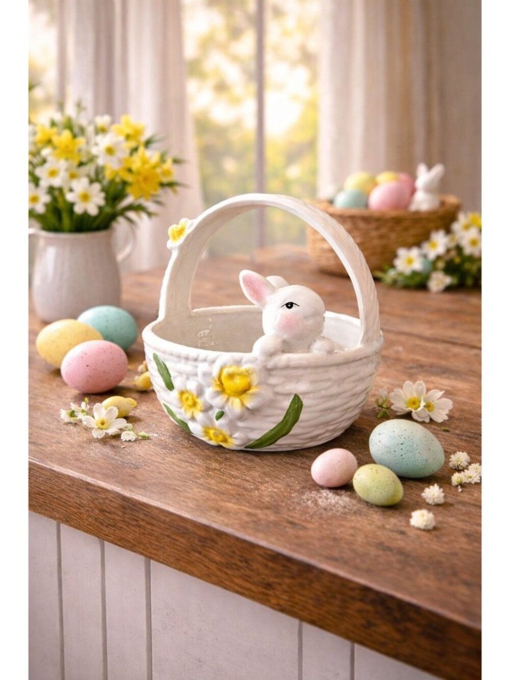 New Easter Bunny Basket Ceramic White Daisy Flower Candy Dish Spring Decor
